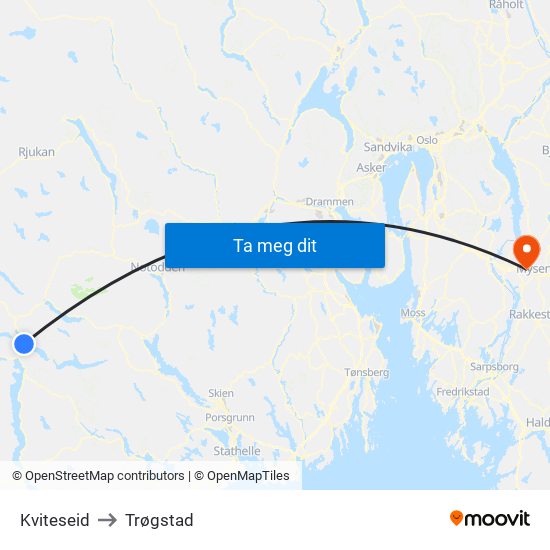 Kviteseid to Trøgstad map