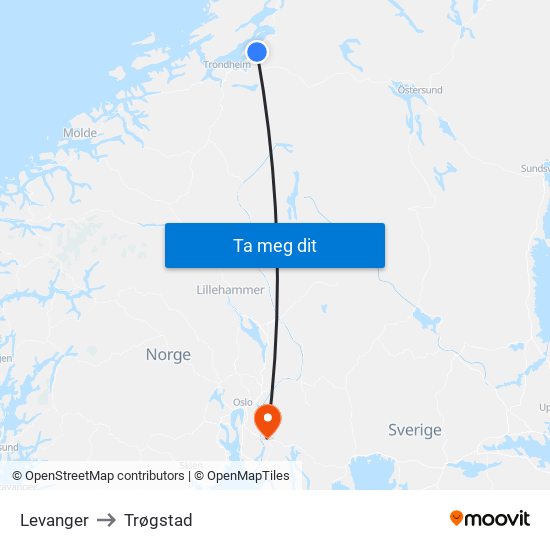 Levanger to Trøgstad map