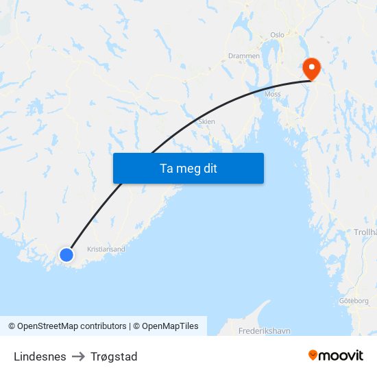 Lindesnes to Trøgstad map