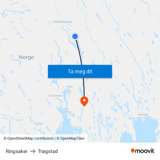 Ringsaker to Trøgstad map