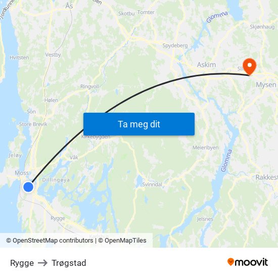 Rygge to Trøgstad map