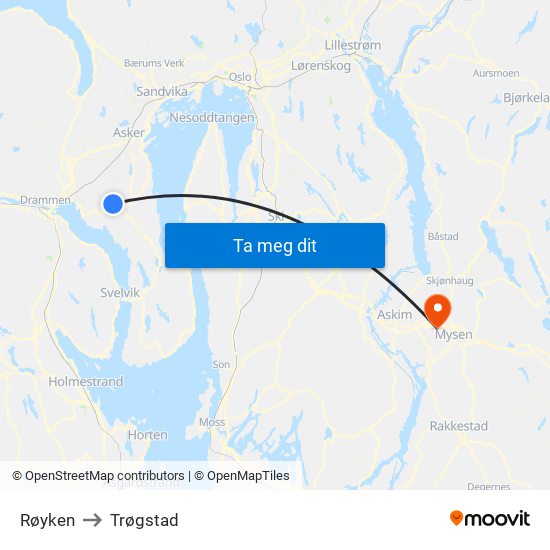 Røyken to Trøgstad map