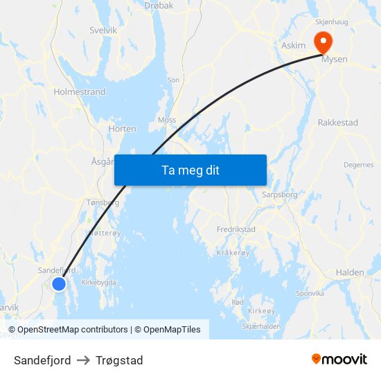 Sandefjord to Trøgstad map