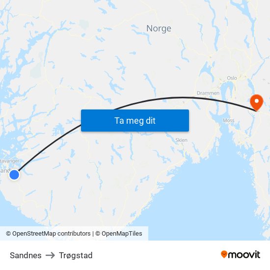 Sandnes to Trøgstad map