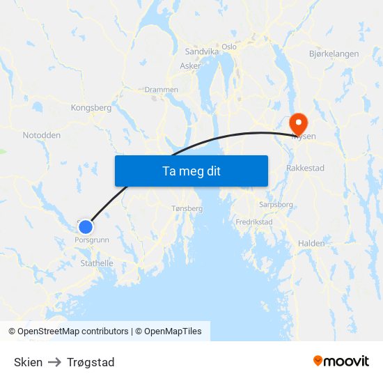 Skien to Trøgstad map