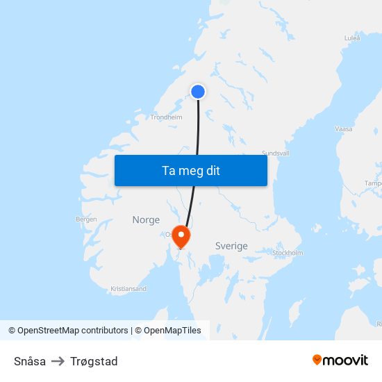 Snåsa to Trøgstad map