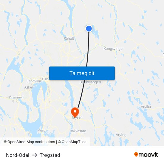 Nord-Odal to Trøgstad map