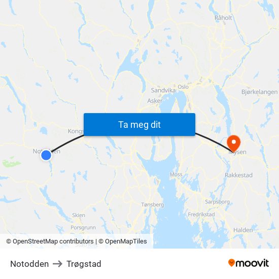 Notodden to Trøgstad map