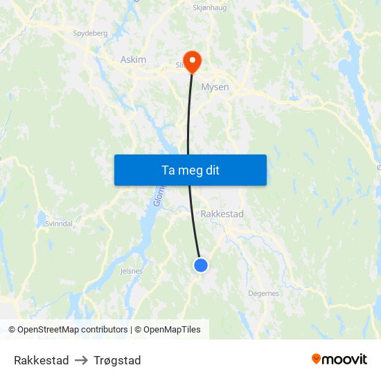 Rakkestad to Trøgstad map