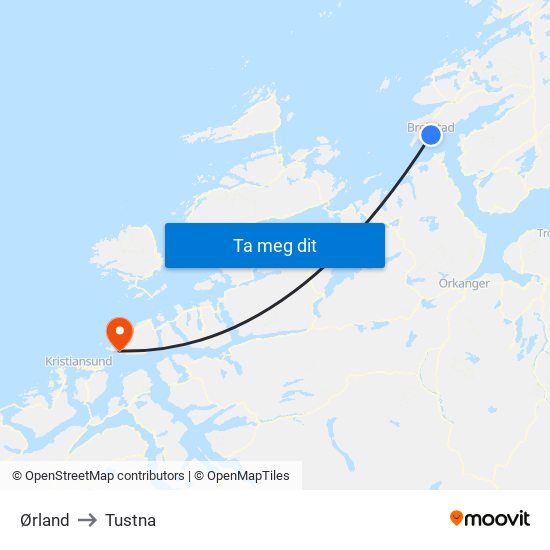 Ørland to Tustna map