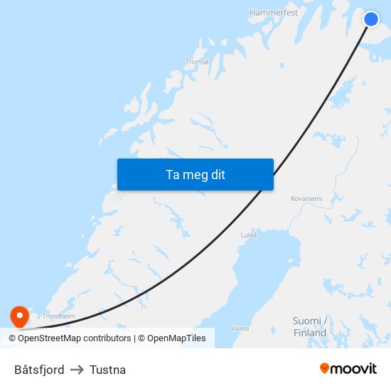 Båtsfjord to Tustna map