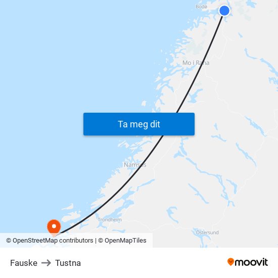 Fauske to Tustna map