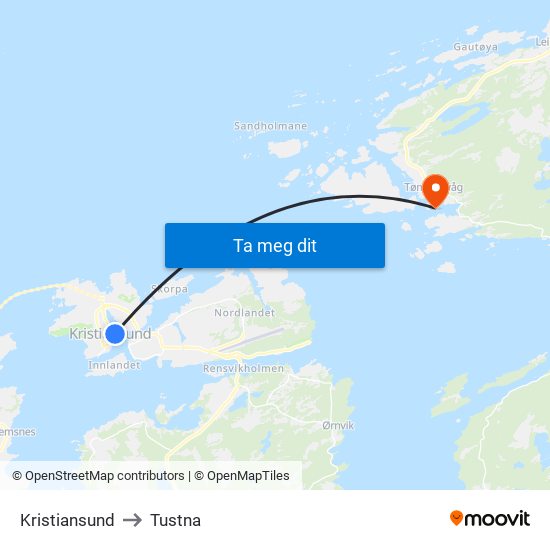 Kristiansund to Tustna map