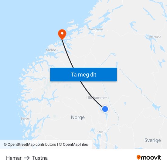 Hamar to Tustna map