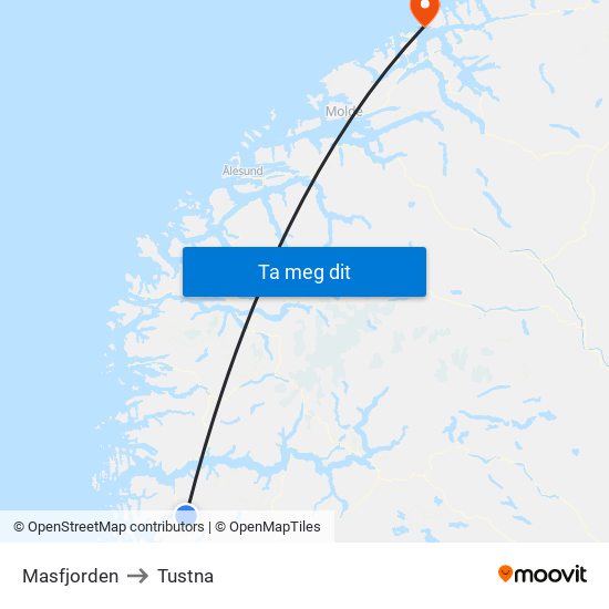 Masfjorden to Tustna map