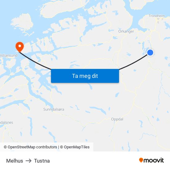 Melhus to Tustna map