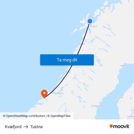 Kvæfjord to Tustna map