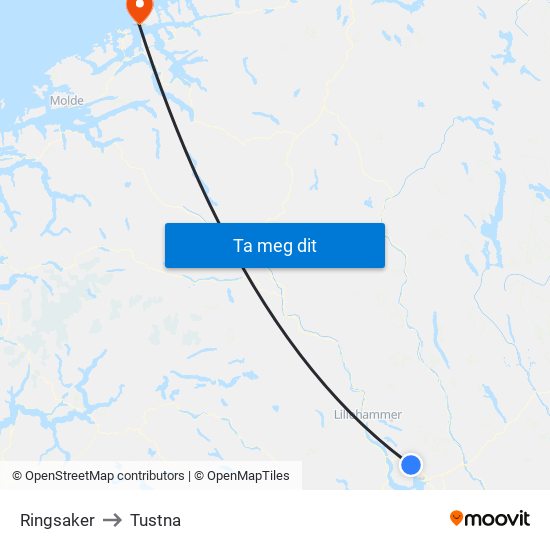 Ringsaker to Tustna map