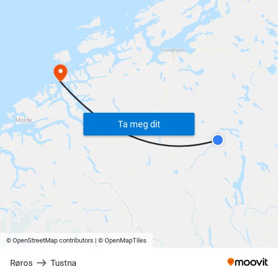 Røros to Tustna map