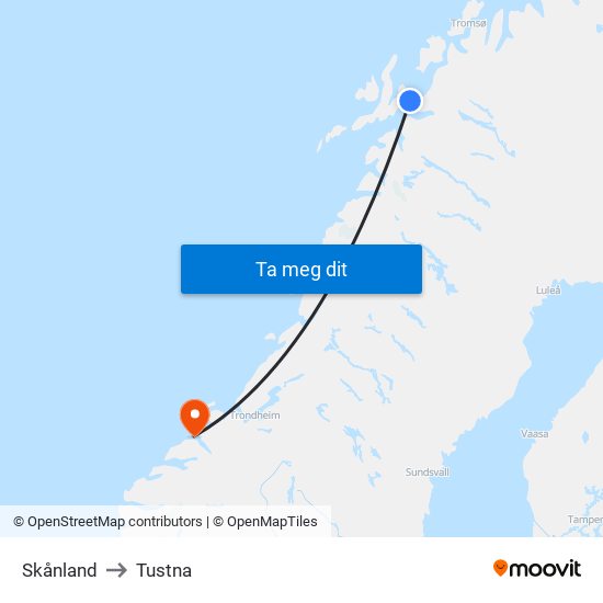 Skånland to Tustna map