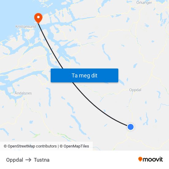 Oppdal to Tustna map