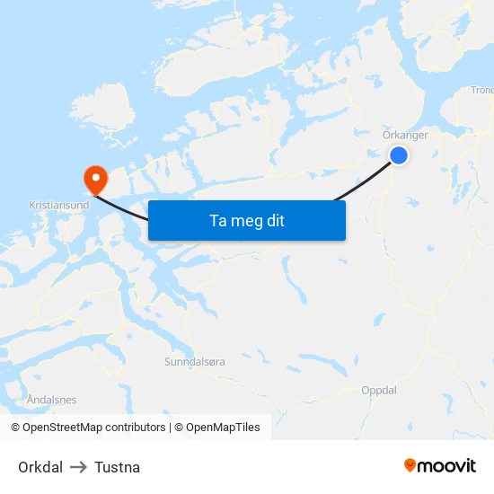 Orkdal to Tustna map