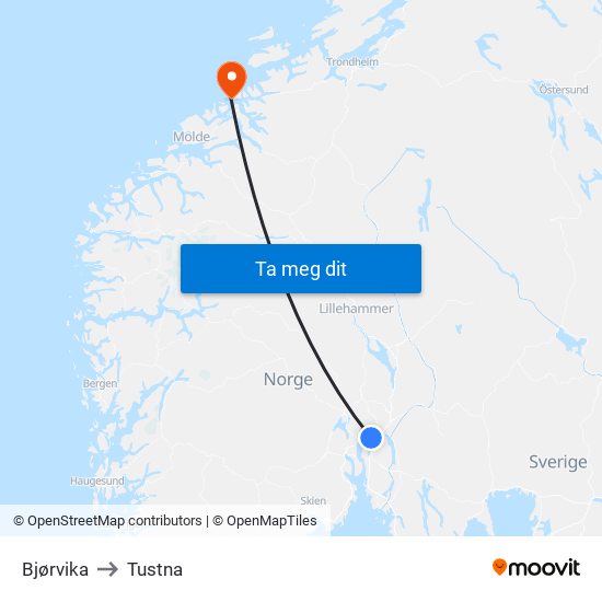 Bjørvika to Tustna map