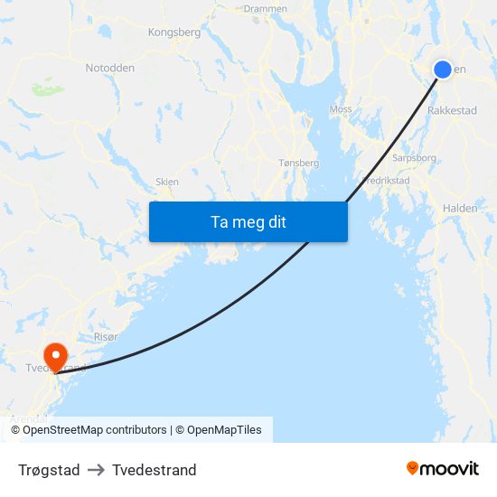 Trøgstad to Tvedestrand map