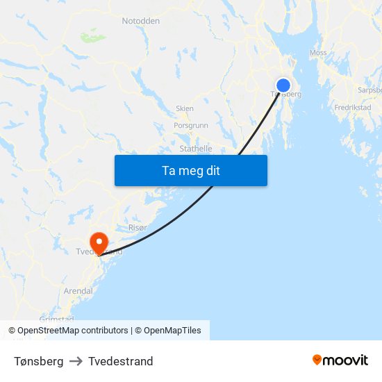 Tønsberg to Tvedestrand map