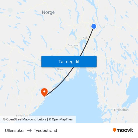 Ullensaker to Tvedestrand map