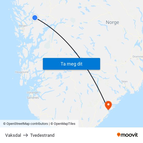 Vaksdal to Tvedestrand map