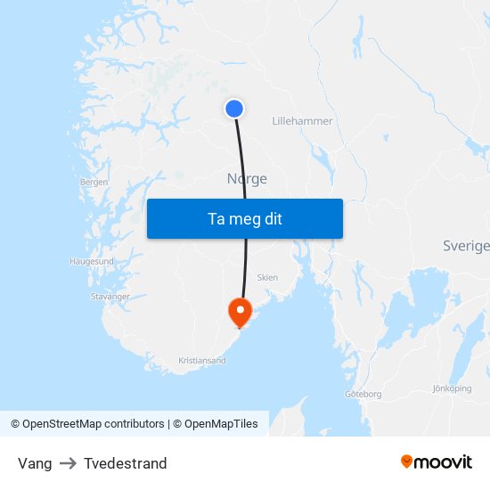 Vang to Tvedestrand map