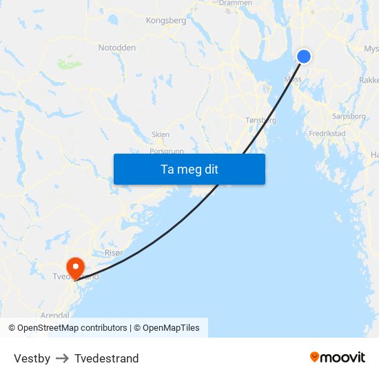 Vestby to Tvedestrand map