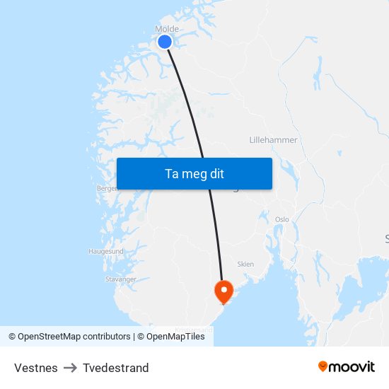 Vestnes to Tvedestrand map