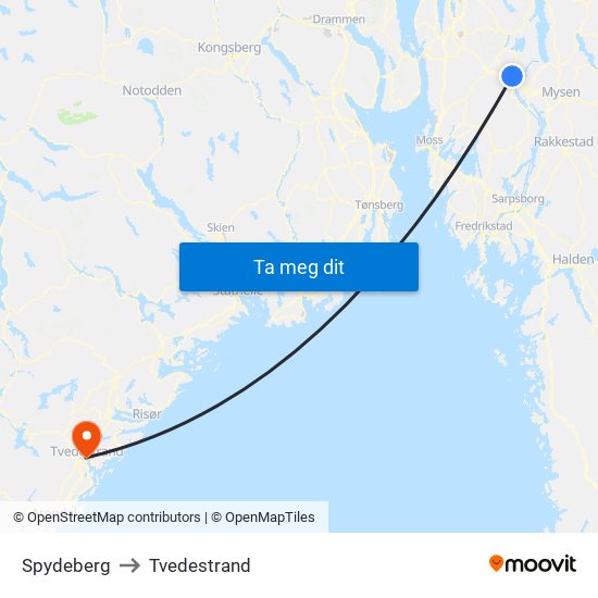 Spydeberg to Tvedestrand map