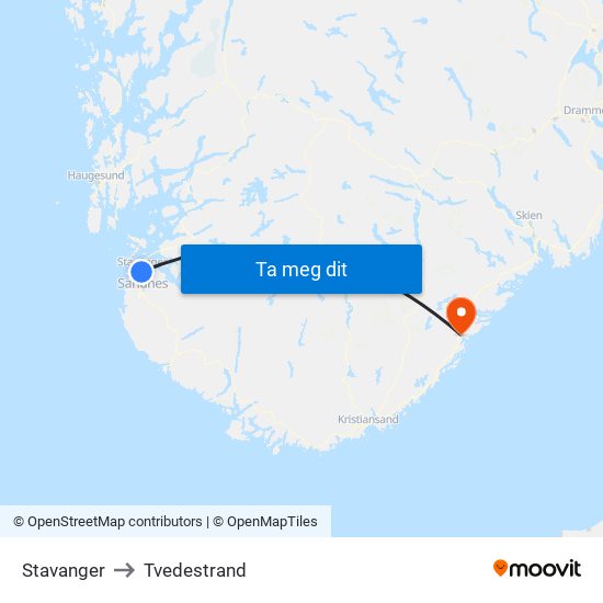Stavanger to Tvedestrand map