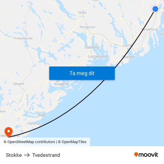 Stokke to Tvedestrand map