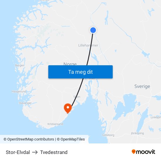 Stor-Elvdal to Tvedestrand map