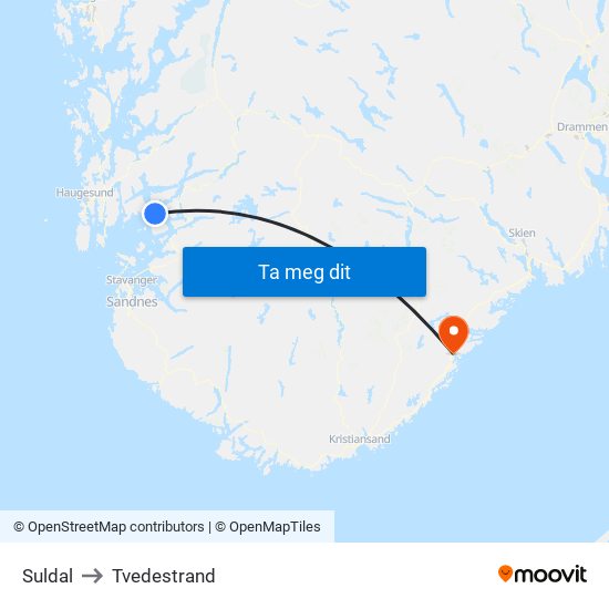 Suldal to Tvedestrand map