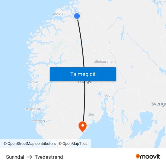 Sunndal to Tvedestrand map