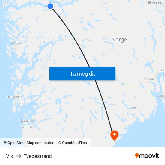 Vik to Tvedestrand map