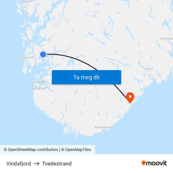 Vindafjord to Tvedestrand map