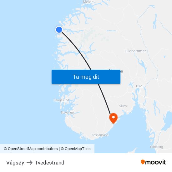 Vågsøy to Tvedestrand map
