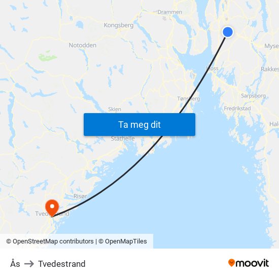 Ås to Tvedestrand map