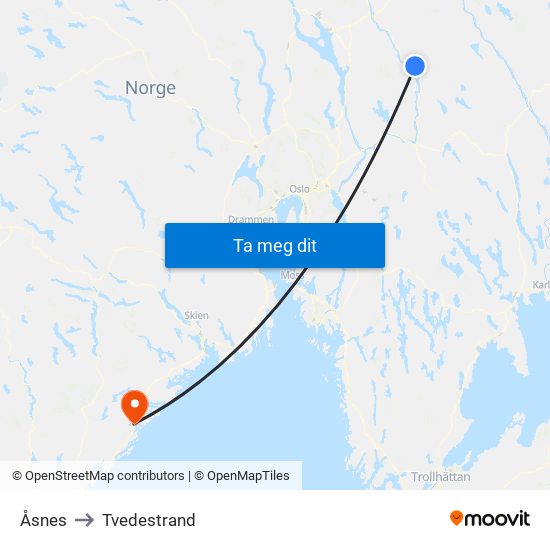 Åsnes to Tvedestrand map