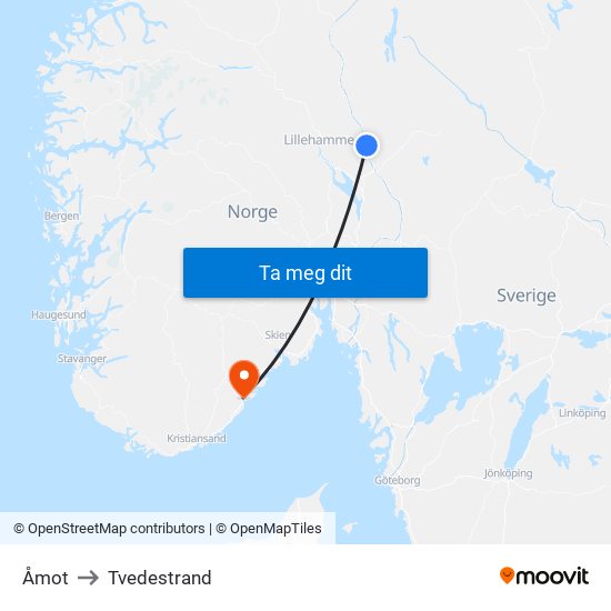 Åmot to Tvedestrand map