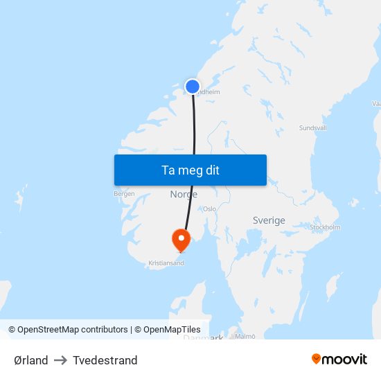 Ørland to Tvedestrand map