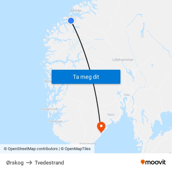 Ørskog to Tvedestrand map