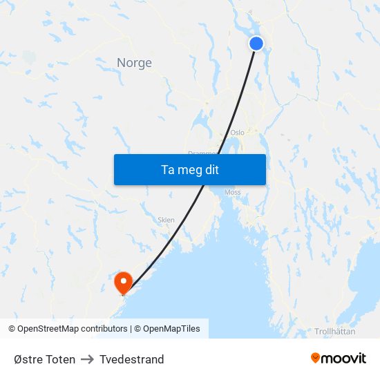 Østre Toten to Tvedestrand map