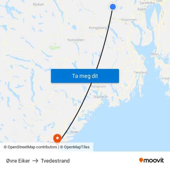 Øvre Eiker to Tvedestrand map